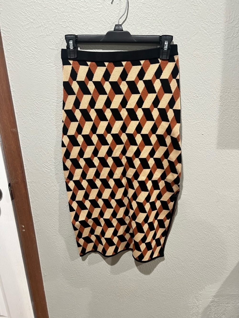 House of Harlow 1960 Geometric Pencil Skirt in Black, Cream & Brown Side Slit XS